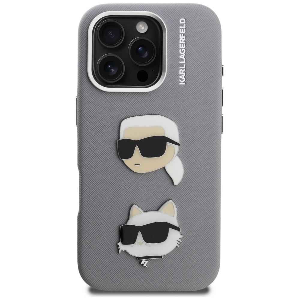 Karl Lagerfeld FW Grained Karl & Choupette Heads Pins Case for iPhone 16 Pro Gray