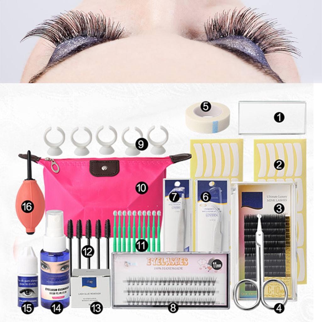Professional False Eyelash Extension Make Up Set Kit Semi Permanent Make Up Individual Eyelash Extensions Curl Glue Tool Sets with Bag 16 In 1