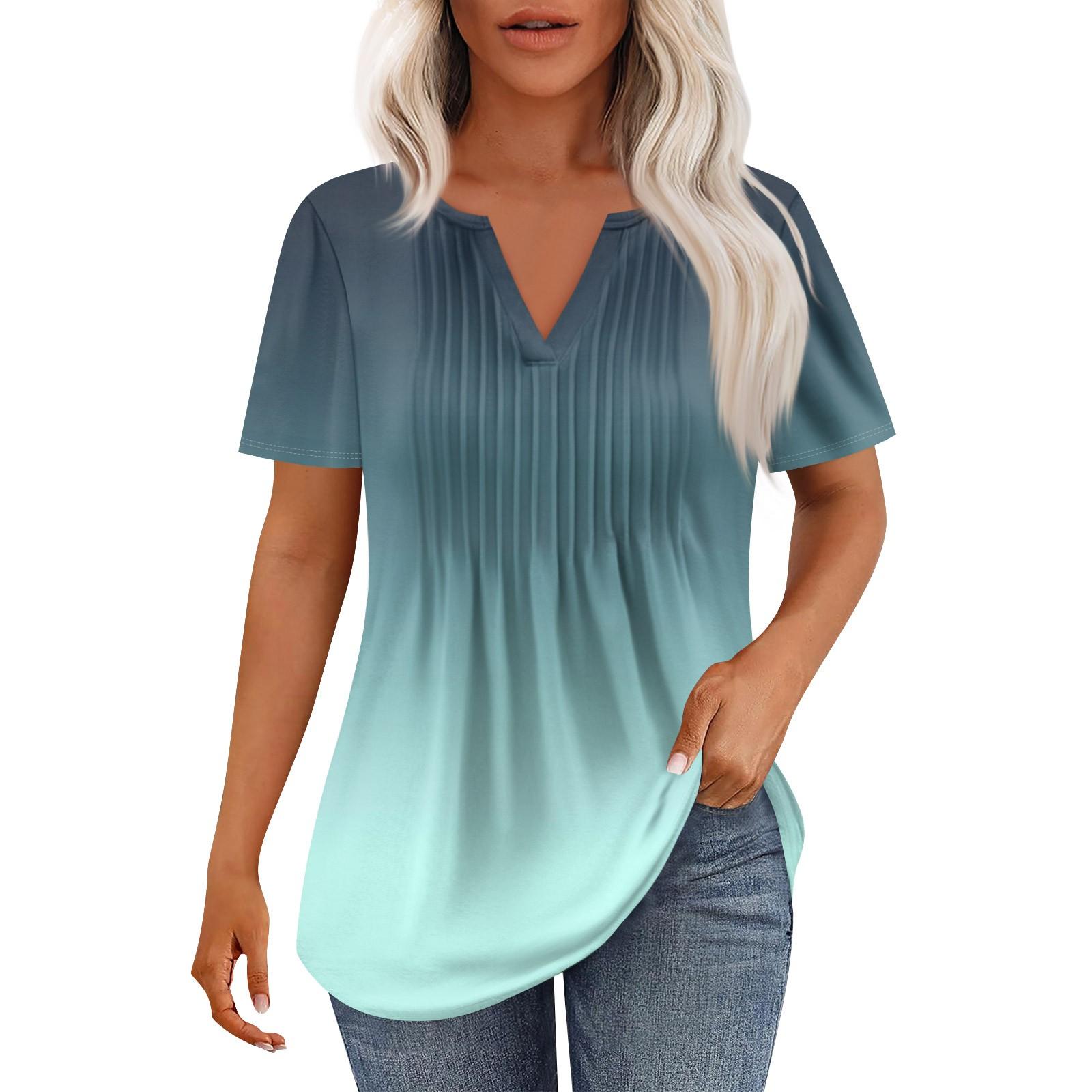 

Women s Fashion Casual Pleated V Neck Short Sleeve T-Shirt Tops XXL