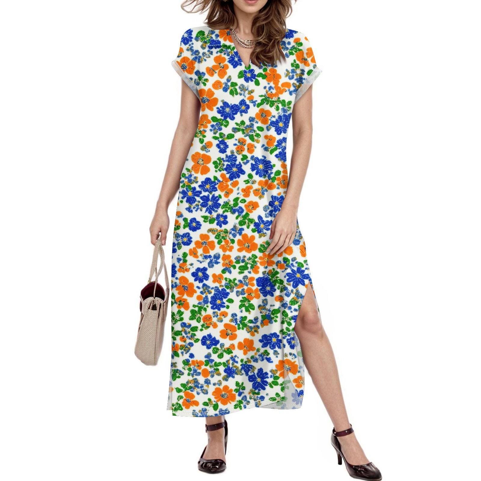 

Женское платье макси с цветочным принтом, повседневное платье-рубашка с длинным рукавом и свободным разрезом, праздничное платье с коротким рукавом L зелёный