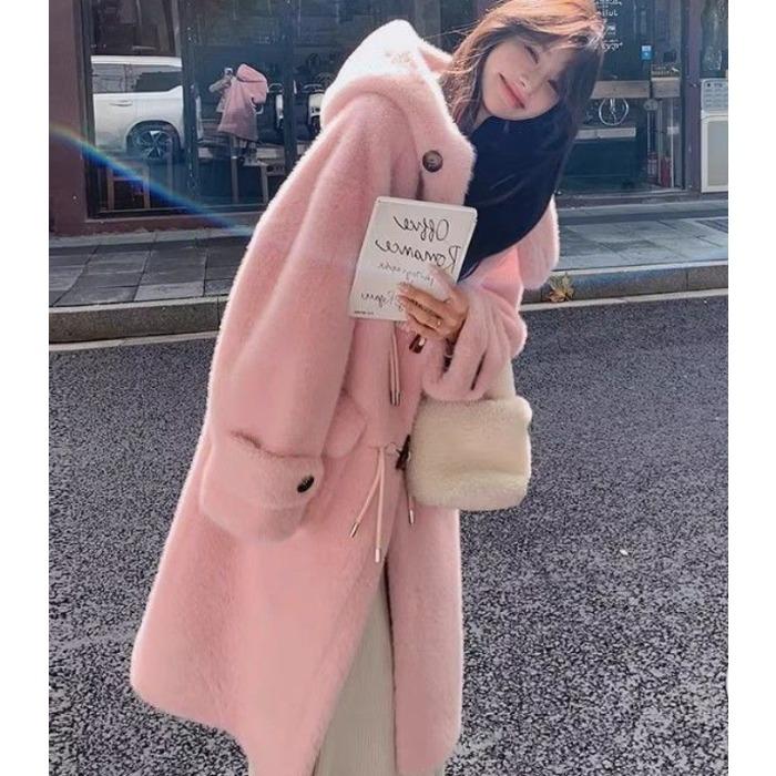 

Зимняя шуба из искусственного меха ягненка для женщин, длинная куртка с капюшоном, теплая, утолщенная, плюшевая верхняя одежда, милый стиль M розовый