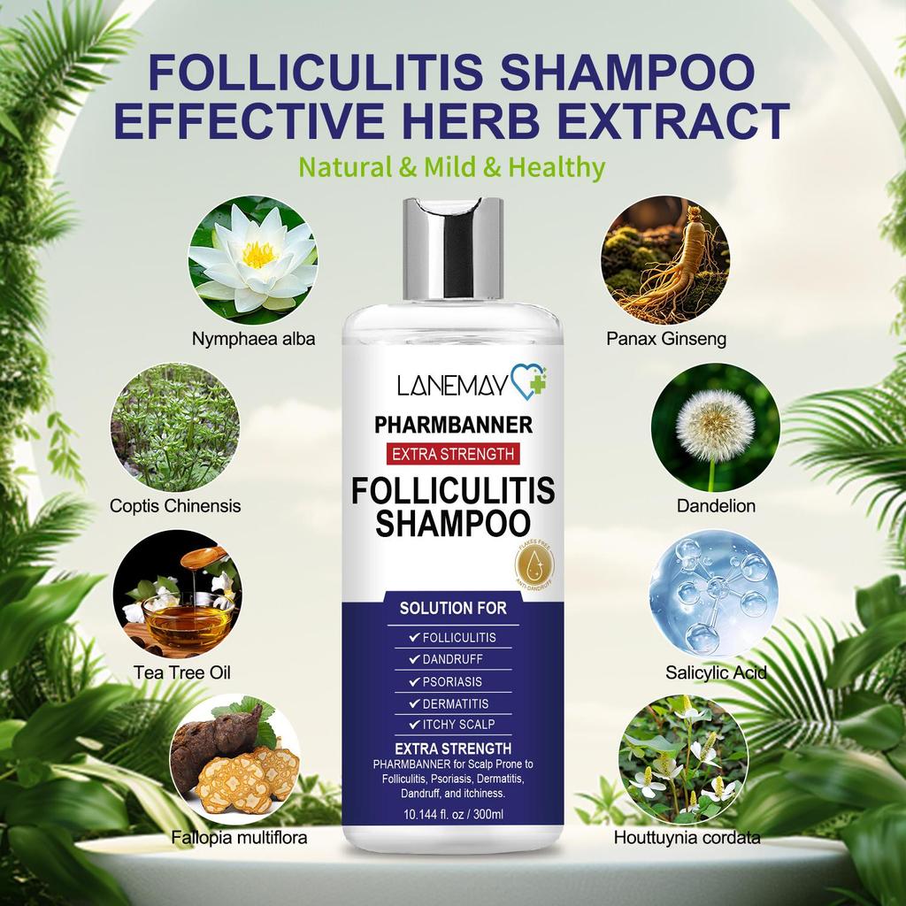 Pharmbanner Extra Stärke Follikulitis Shampoo-Beruhigt & Stellt die Kopfhaut wieder her-Heilt Haarfollikel-Geeignet für alle Haartypen, 300ml
