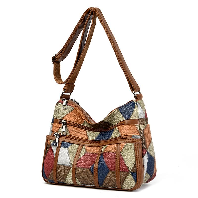 Middle-aged Mom Bag Large Capacity Splicing Work Commute Soft Leather Multi-pocket Crossbody Bag Retro Shoulder Bag