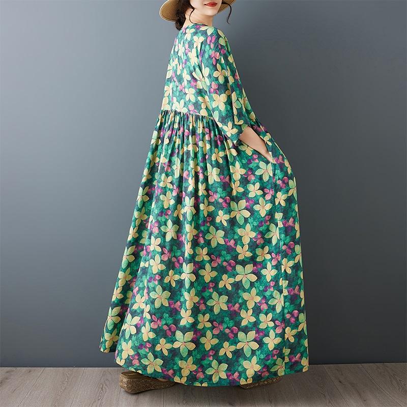 Kurzarm Plus Size Baumwolle Vintage Blumenmuster Neu in Kleidern für Damen lässig locker langes Sommerkleid