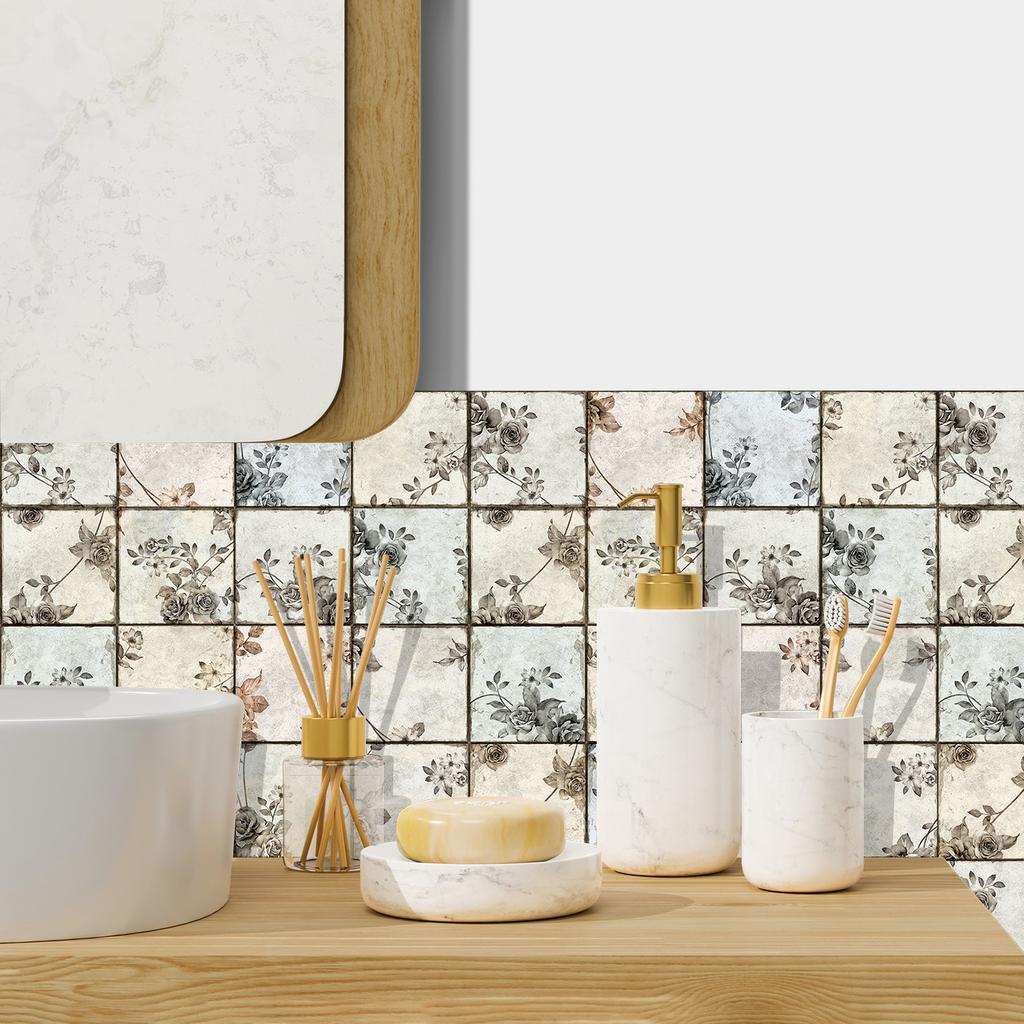 16Pcs/Set Retro Flower Tile Stickers Peel and Stick Waterproof PVC Wall Decals Matte Anti-Slip Floor Wallpaper for Living Room Bathroom Decor