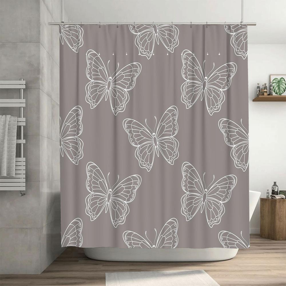 Butterfly Printed Shower Curtain Bathroom Decor Waterproof Fabric Home Decoration White 173x240cm (Black Frame)