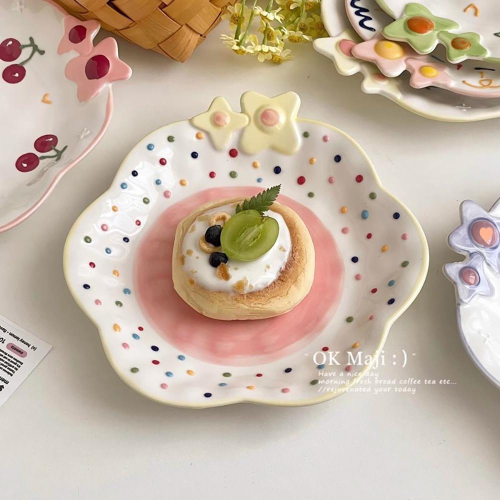 Hand-Painted Ceramic Plates Cute Floral Rainbow Relief Dish Set Household Kitchen Dining Tableware Breakfast Salad Pasta Plates