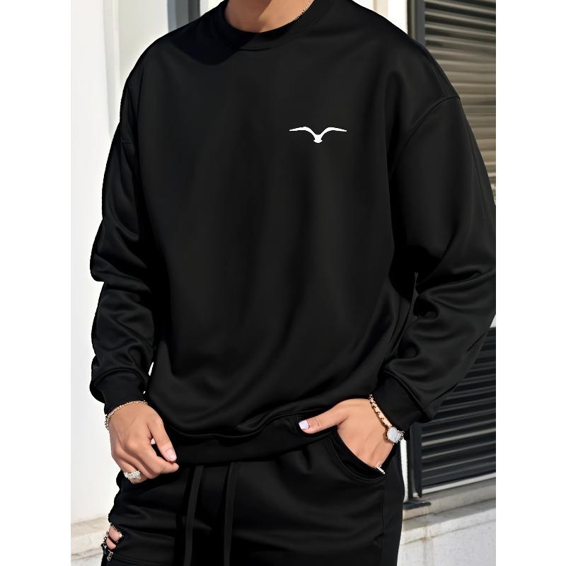 Trendy Simple Design Bird Logo Print Men's Crew Neck Sweatshirt, Casual Trendy Versatile Sweatshirt, Suitable For Sports And Commuting
