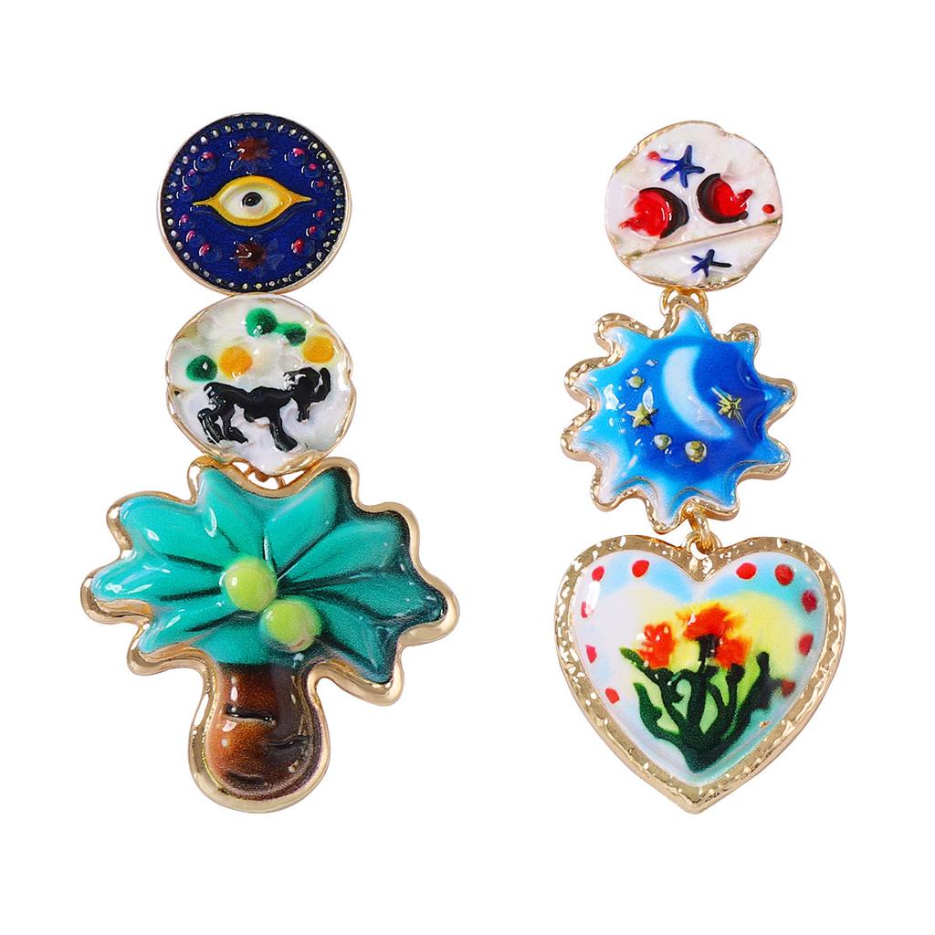 ZA cross-border literary and retro creative design sense alloy printing geometric love flower flower asymmetrical women's earrings