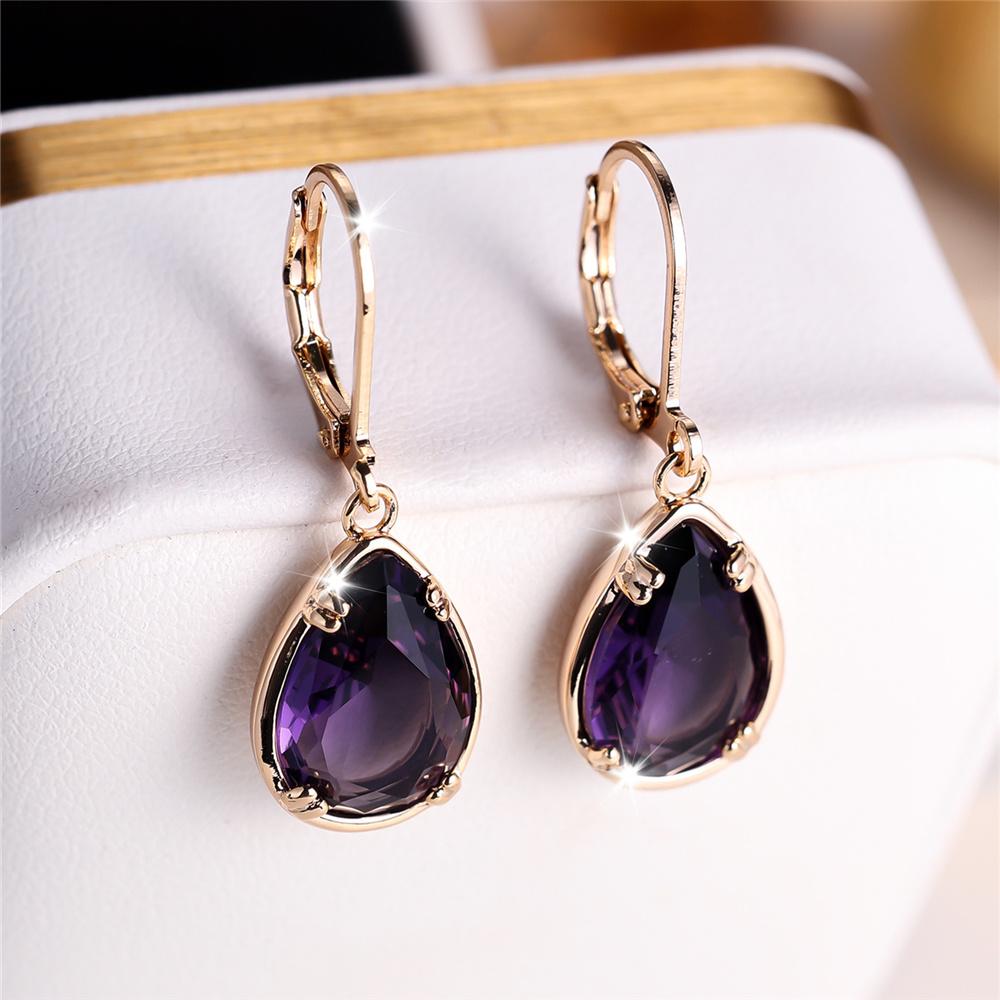 Charm Female Purple Water Drop Zircon Stone Hoop Earrings Gold Color Simple Wedding For Women