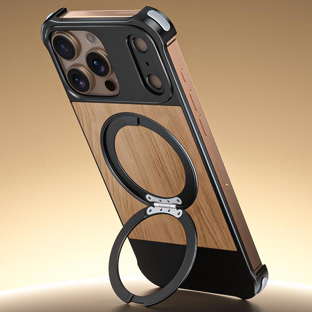 For iPhone 16 Pro Max Magnetic Case Borderless Walnut + Metal Kickstand Phone Cover