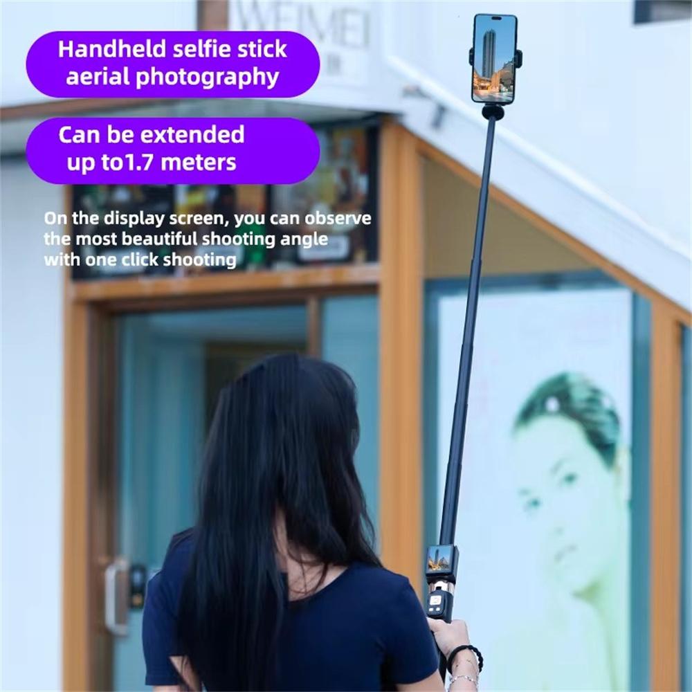 1.7m New 5 in 1 Projection Rear Camera Selfie Stick with Selfie Monitor Screen Brush Bluetooth Remote Control Scrolling 7