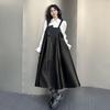 Yamamoto Women's Dark PU Leather Suspender Dress - Shiny, Loose-Fit, Spring/Autumn Fashion.