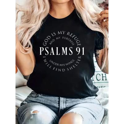 European Sizes Christian Psalms 91 Print T-Shirt, Casual Crew Neck Short Sleeve Comfort Tee Top for Spring & Summer, Women's Clothing