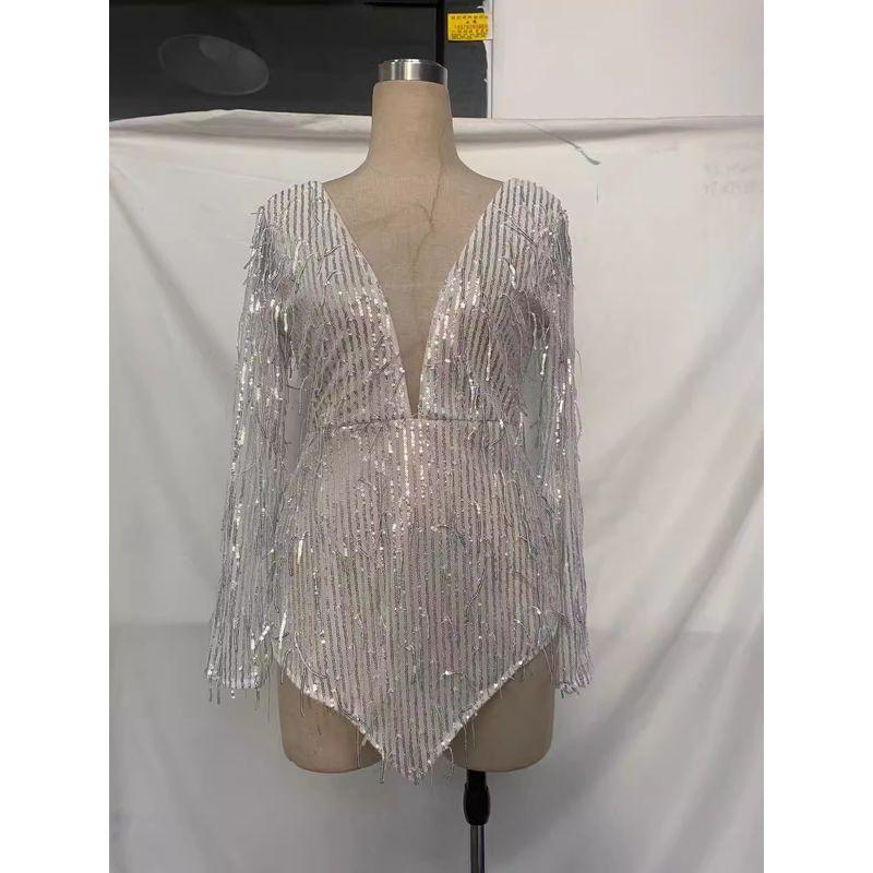 

Women Sexy Party V-neck Dress Fashion Female Sexy Sequin Tassel Deep V Miniskirt Silver M