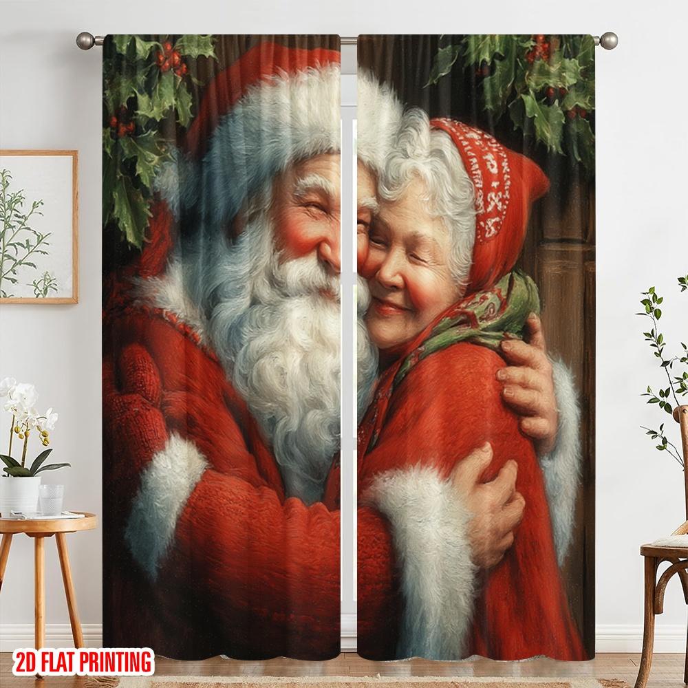 2 Stück, 2D-Flachdruck Vorhänge & Fensterdekoration Weihnachtsmann & Mrs_ Weihnachten Umarmung Polyestergewebe (ohne Stange) Art Deco