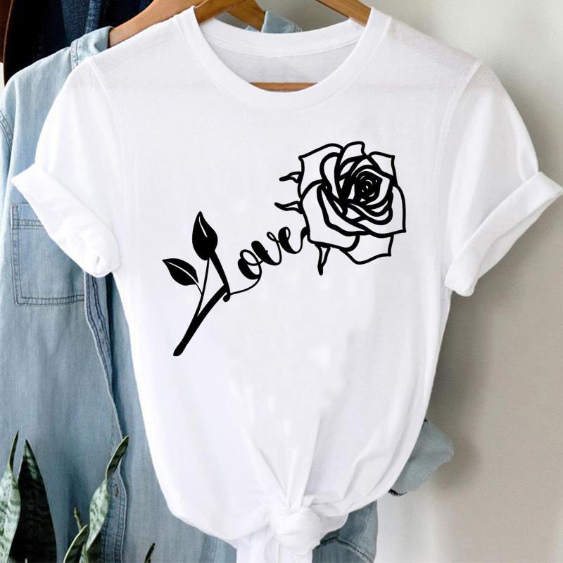 (Asian Size)  Clothing Tee Print Lady T Shirt sweet flower trend 90s Fashion Women Casual Top Short Sleeve Female Graphic T-shirts