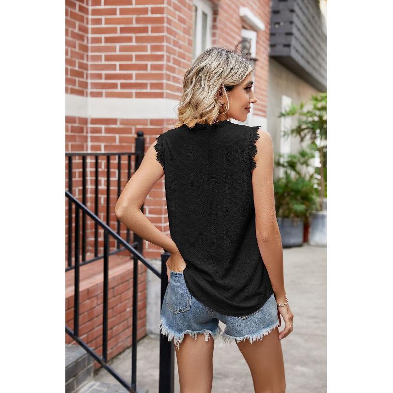 Women's Summer V-Neck Vest T-Shirt with Lace Trim Sleeveless Top