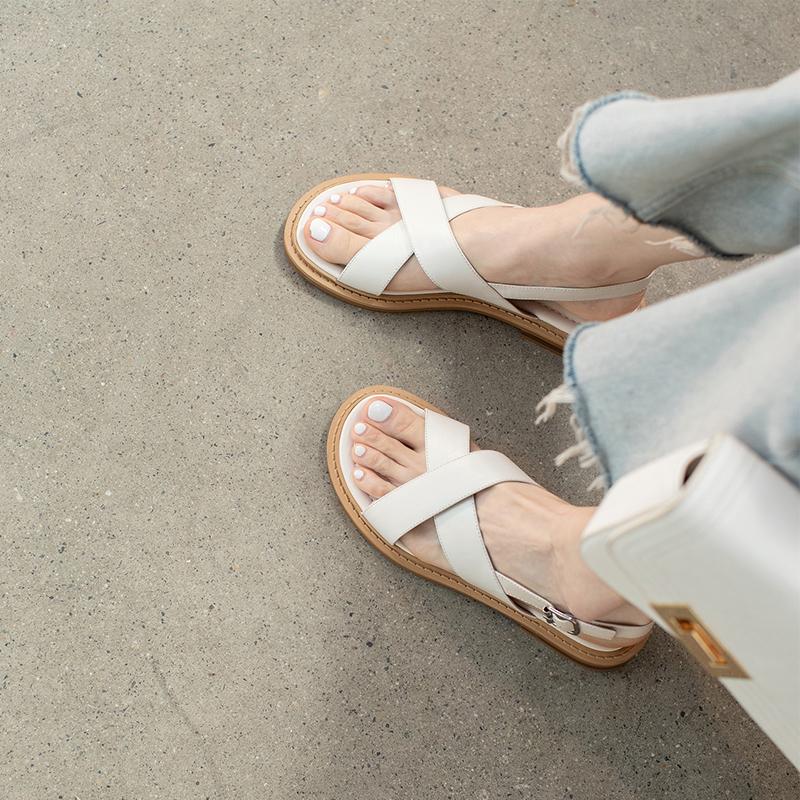 Nové letní sandály dámské kulatá špička nízký podpatek módní boty dámské pravá kůže jednobarevné jednoduché sandály pro ženy