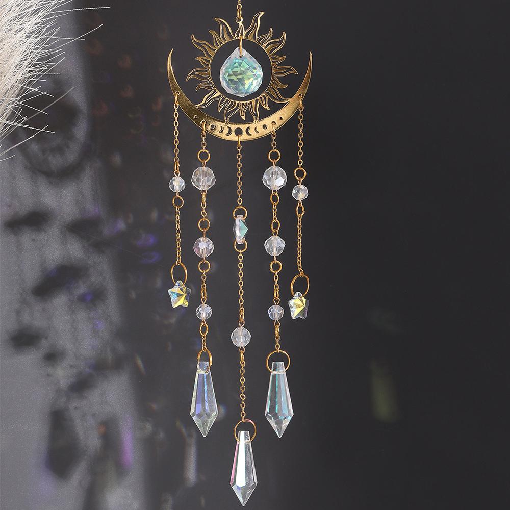 1PC Gold Flame Moon Crystal Pendant Sun Catcher Outdoor Garden Hanging Ornament Room Ceiling Hanging Ornament