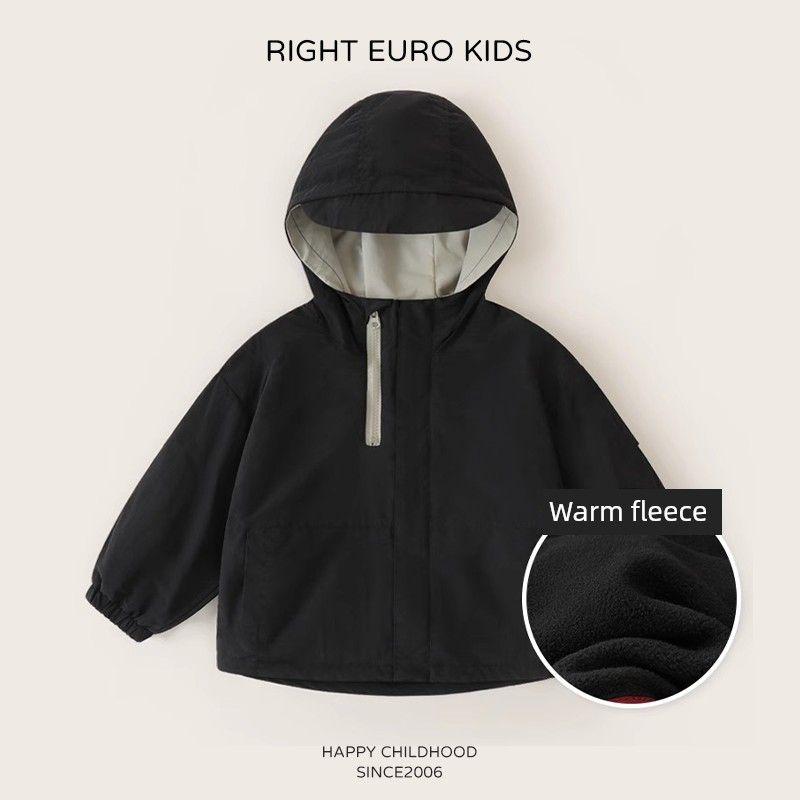 European Style Boys' Jacket with Fleece Lining for Autumn and Winter, Girls' Top, Baby Hooded Clothing, Waterproof Winter Wear, Children's Clothing