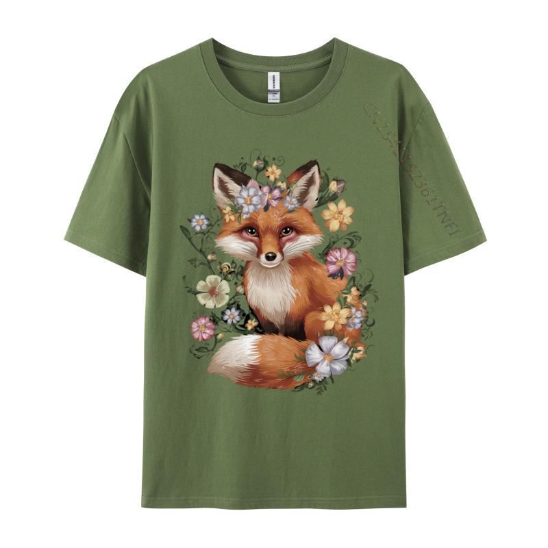 Cute Fox Cottagecore Floral Aesthetic Girls T-Shirts Men T Shirt Funny Vintage Tee Shirt Fast Shipping