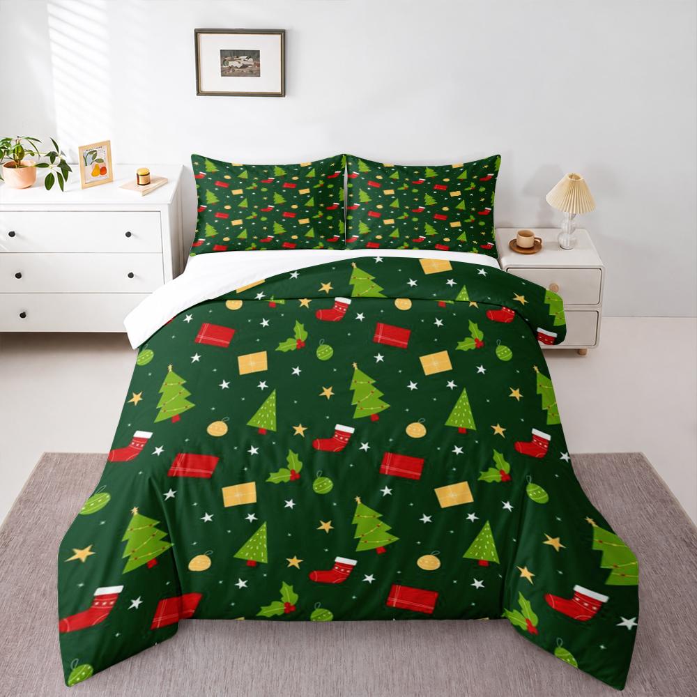 Christmas Tree Stocking Gift Bedding set (1 duvet cover, 2 pillowcases, duvet not included), Dark Green Flat Cartoon Art Print