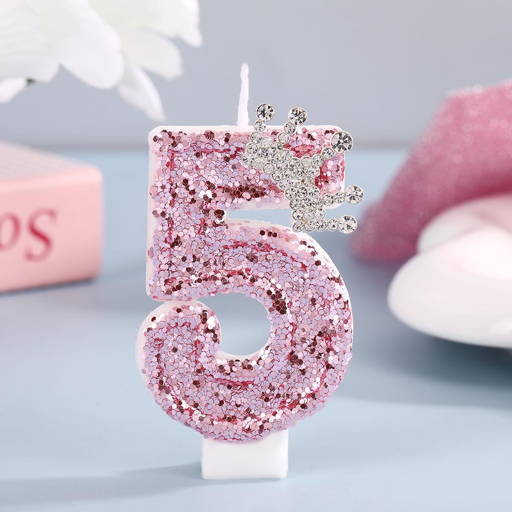 High-End Pink Glitter Crown Number Candle for First Birthday Cake Decoration