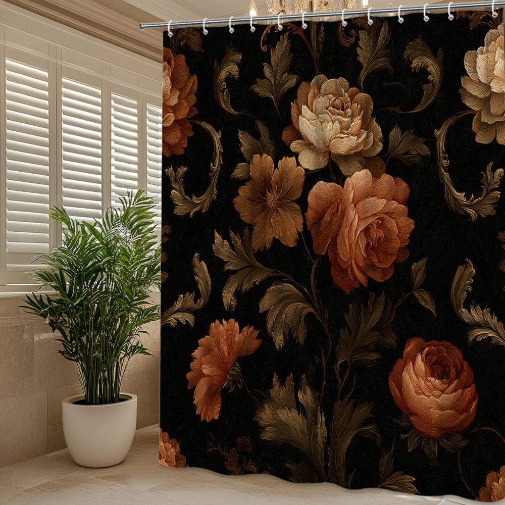 Cortina de Ducha Floral Marrón Oscuro Elegante Patrón de Rosas Estilo Barroco Vintage Lujosa Decoración de Baño Impermeable Montaje Rápido