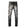 Mens Slim Fit Distressed Denim Jeans With Embroidered Patch Vintage Ink Wash Stretch Cotton Streetwear Style