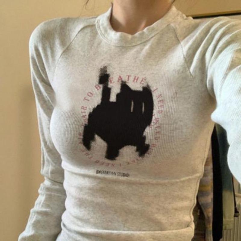 2KWEIRD New Fashion Kawaii Cat Print Grunge T-shirts Autumn Sweet Flower Grey Crop Top Women Y2k Aesthetic Al Match Harajuku Tees
