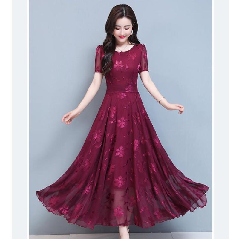 Summer New Women's Short Sleeve Printed Dress Slimming Waist Flared Long Skirt Korean Style Elegant Fashionable Casual Dress