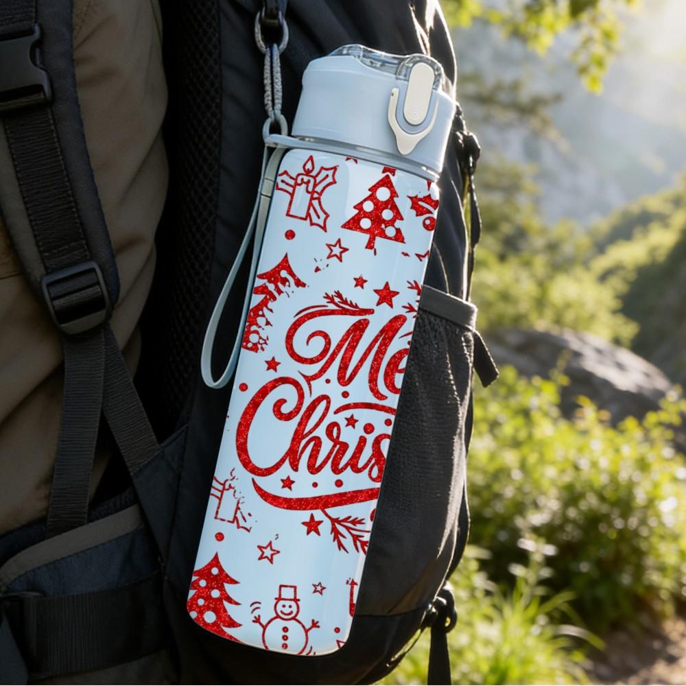 1PC Vintage Merry Christmas Text Print 750ml Color Plastic Sports Water Bottle Leakproof Flip Straw Lid Suitable for Sports Office Home Use