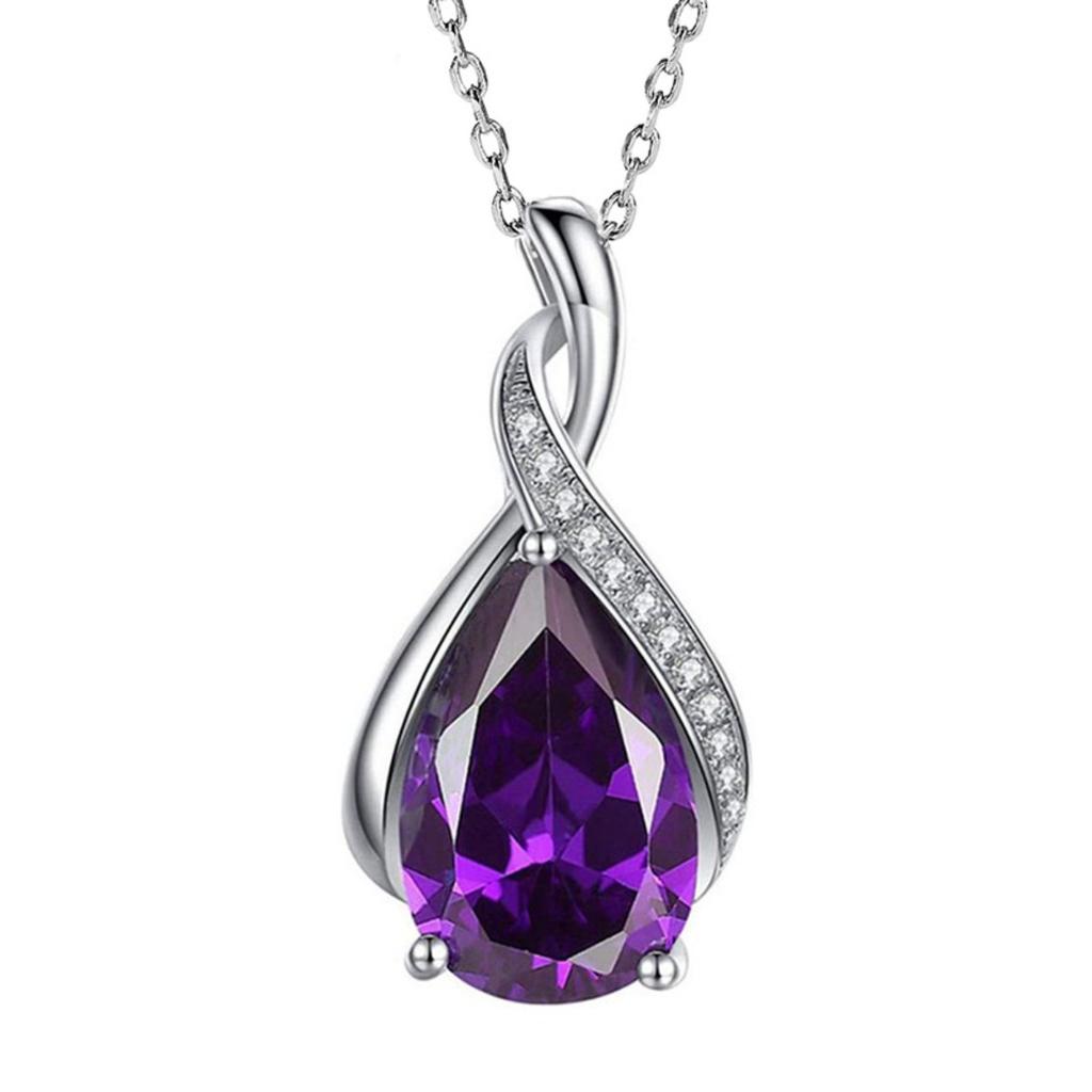 Twisted Curve Three Prong Teardrop Multi Color Stone Pendant Side Paved Accent Stone Thin Link Chain Women Elegant Neck Jewelry