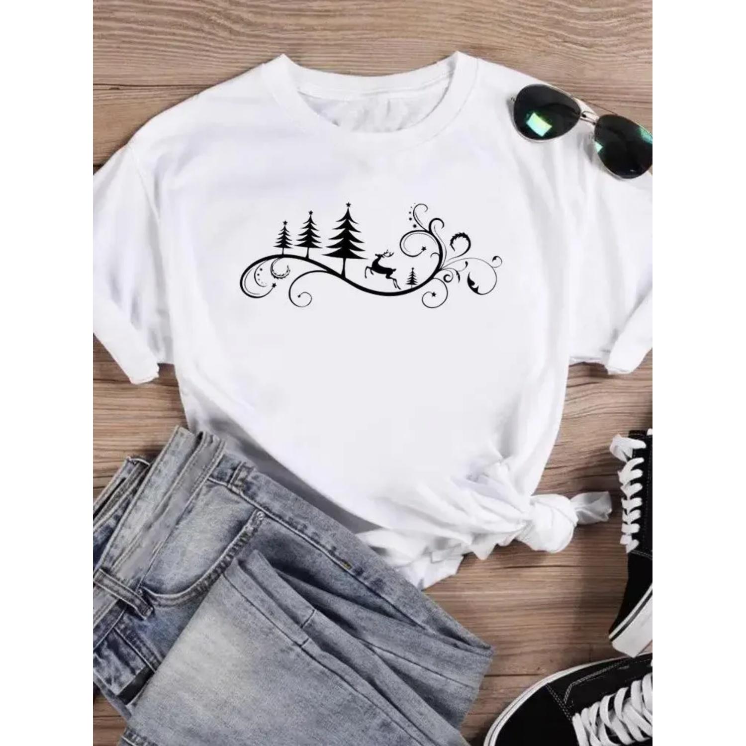 

Cute Print T Top Merry Christmas New Year Graphic Tee Women Holiday Shirt Clothing Fashion Female T-shirts XXXXXL білий