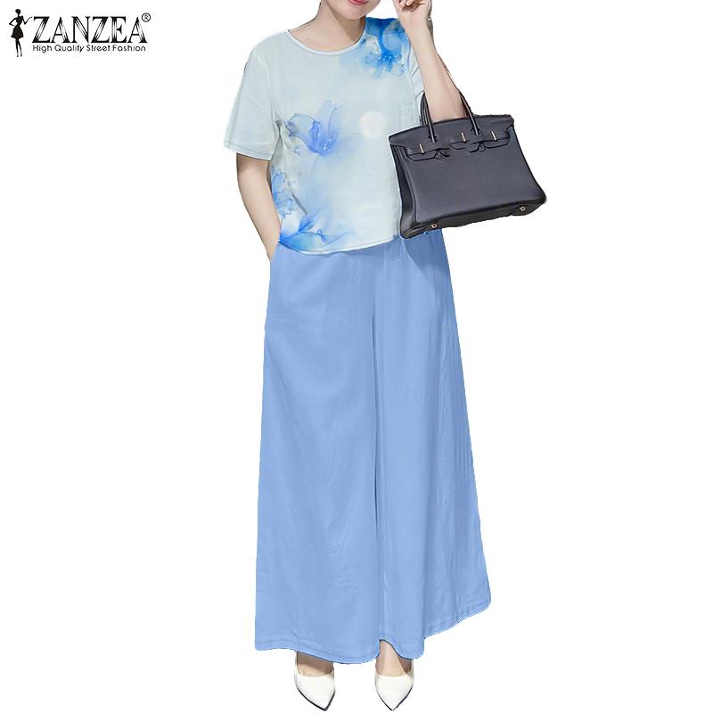 ZANZEA Women Short Sleeve Print Blouse and Pants Summer Two Piece Suit Sets