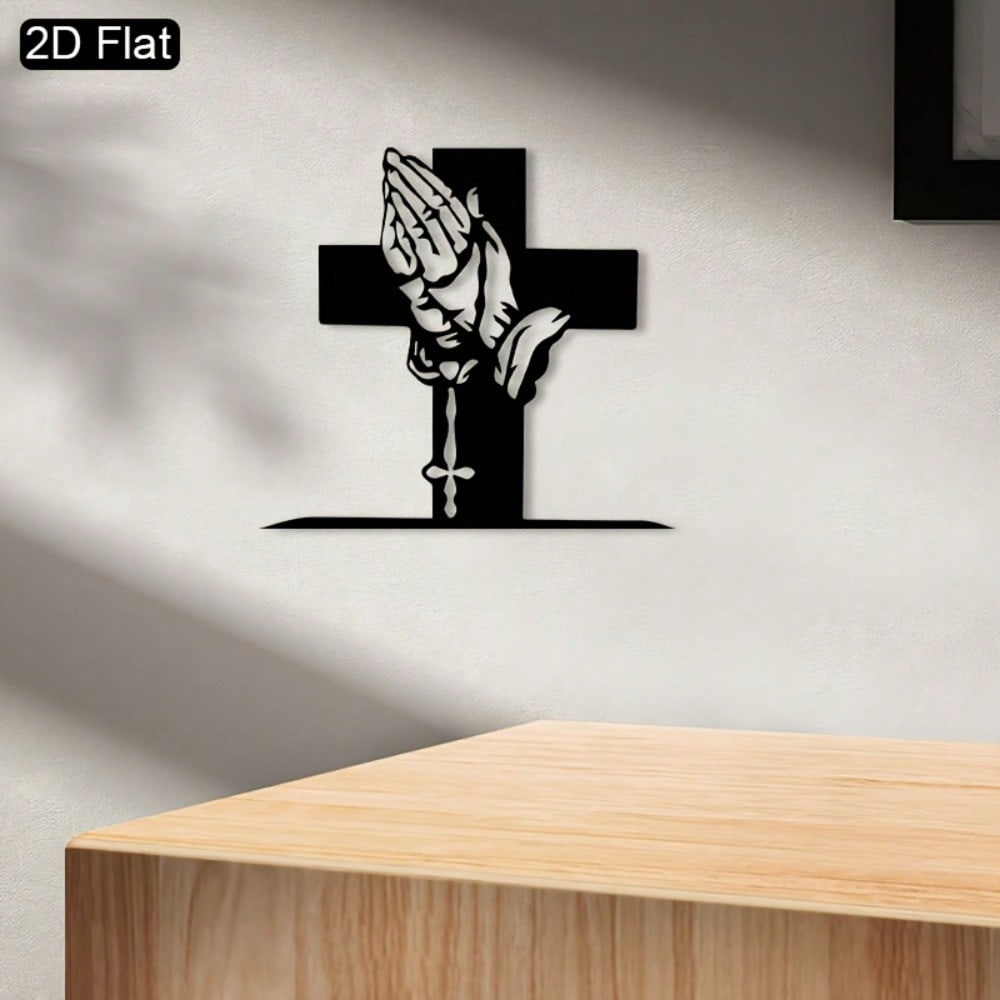2D Minimalist Cross Praying Hands Metal Wall Art Iron Craft for Living Room Bedroom Christmas Decor