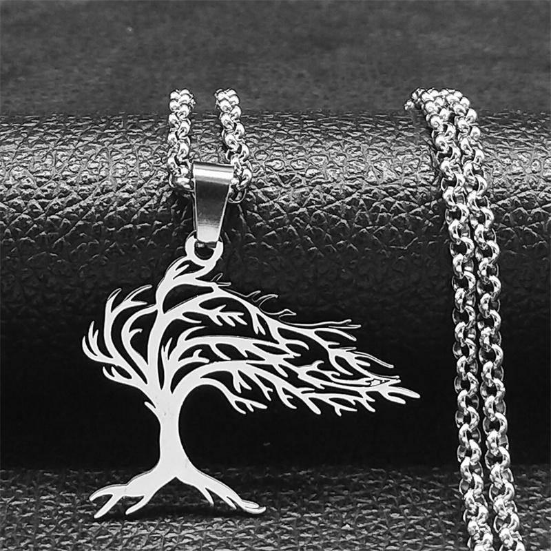 Tree of Life Stainless Steel Long Necklace for Men Black Color Necklaces & Pendants Jewelry cadenas para hombre N834S03