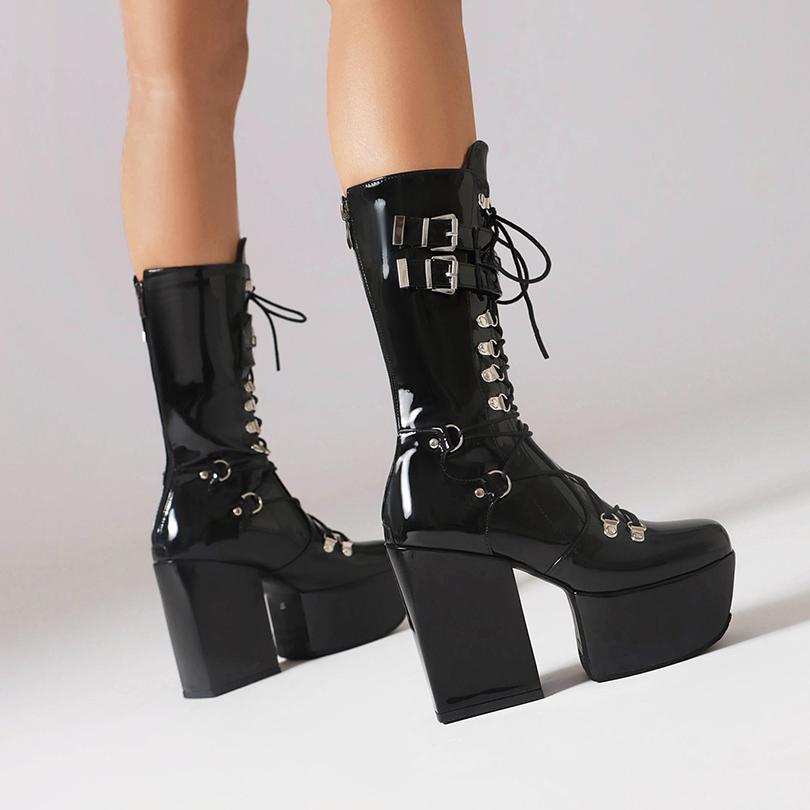 Plusstorlek fyrkantig tå ultrahöga platå metallpunkstövlar med mellanhöga rör och korsband i dragkedjan för damstövlar