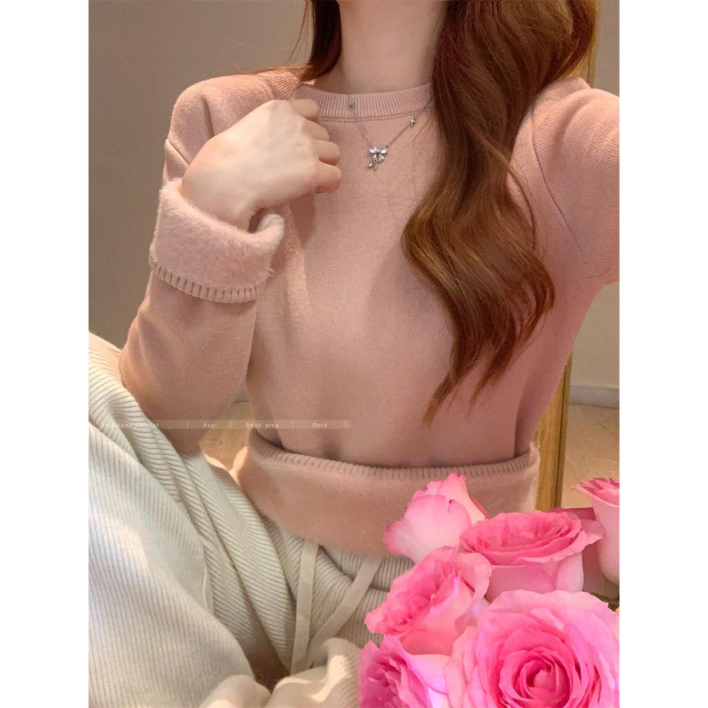 One-piece Fleece Thickened Warm Knitted Sweater Soft Waxy Sweater Women's Autumn and Winter Bottoming Shirt Front Shoulder Inner Top Long Sleeve
