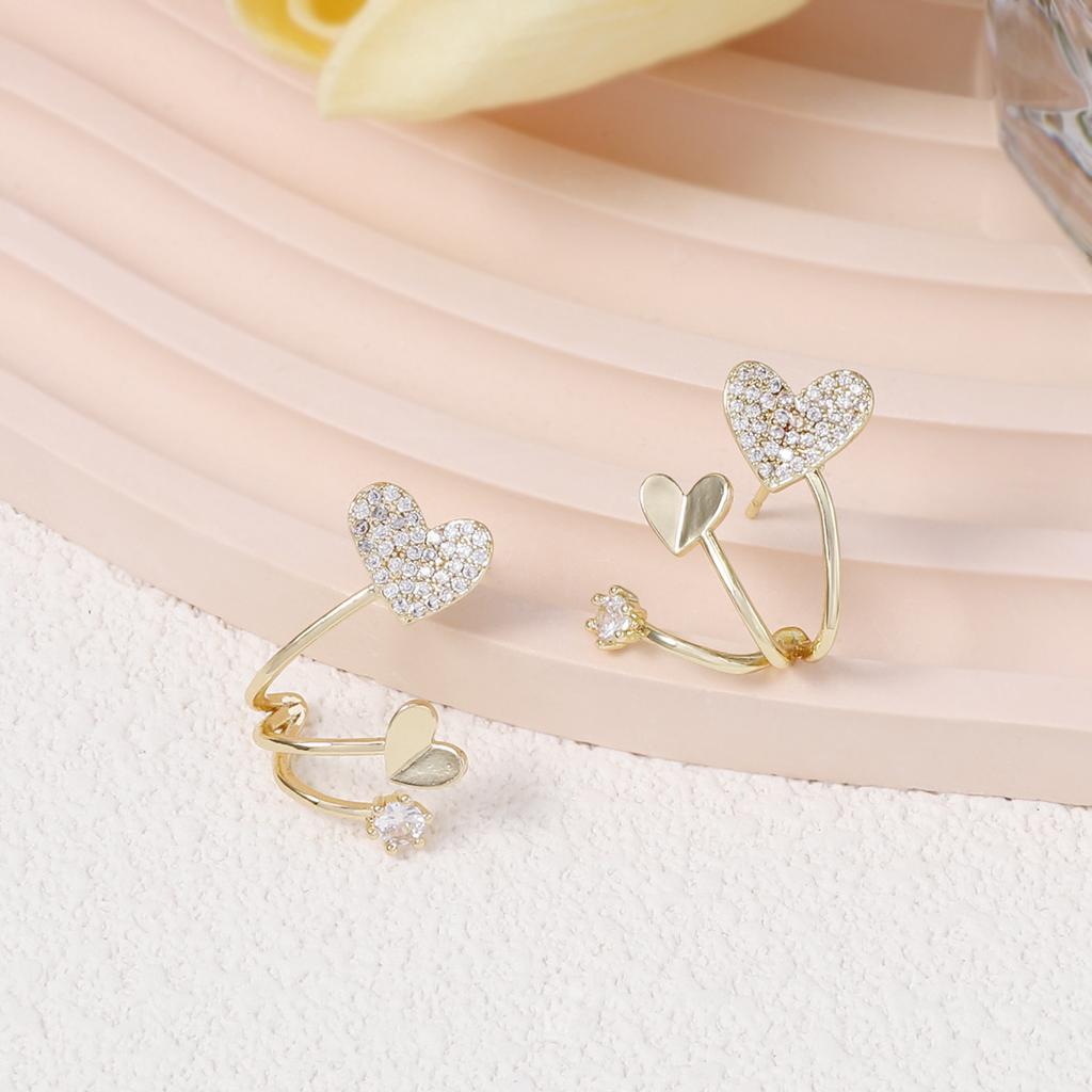 Korean version of the new niche design zirconium diamond double love three-line fishtail exquisite earrings, double peach heart simple model
