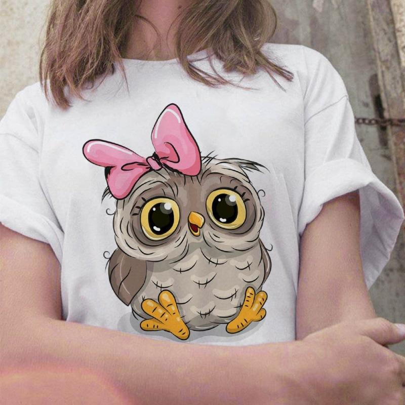 Camisetas de Verano con Estampado de Búho Retro Sueltas Blancas Cuello Redondo Manga Corta para Mujer