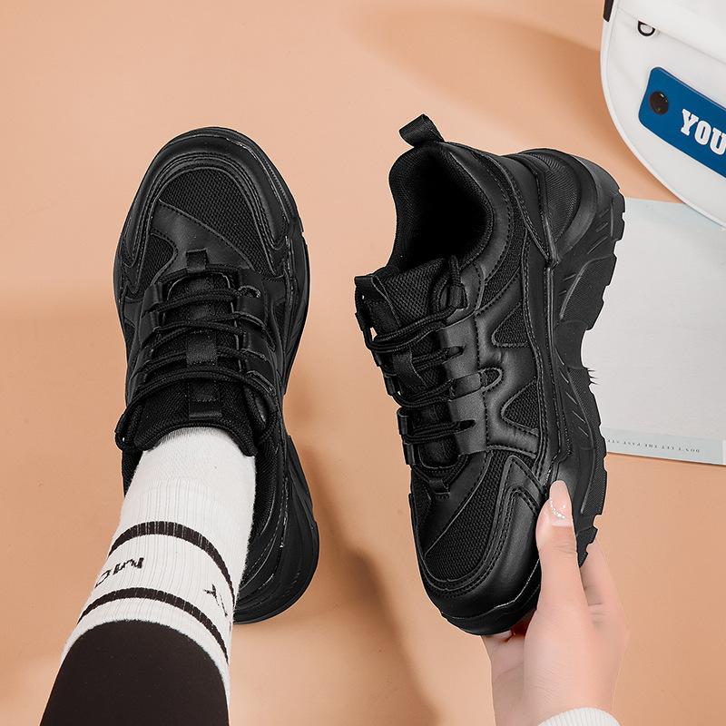 All-black Dad Shoes Women's 2025 Spring and Summer New Breathable Versatile Casual Shoes Black Thick-soled Heightening Women's Sports Shoes
