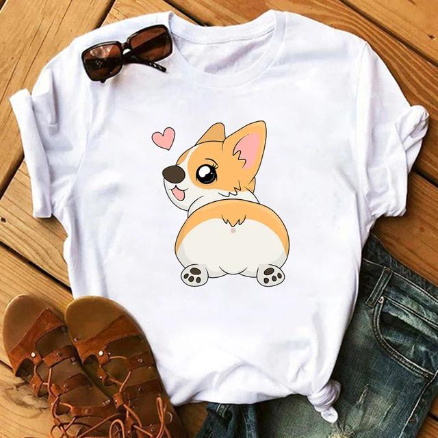 Maycaur Funny Cute Corgi Dog Printed TShirt Harajuku 90s Kawaii Women Short Sleeves T Shirts Tops Graphic Tees Female Tshirt