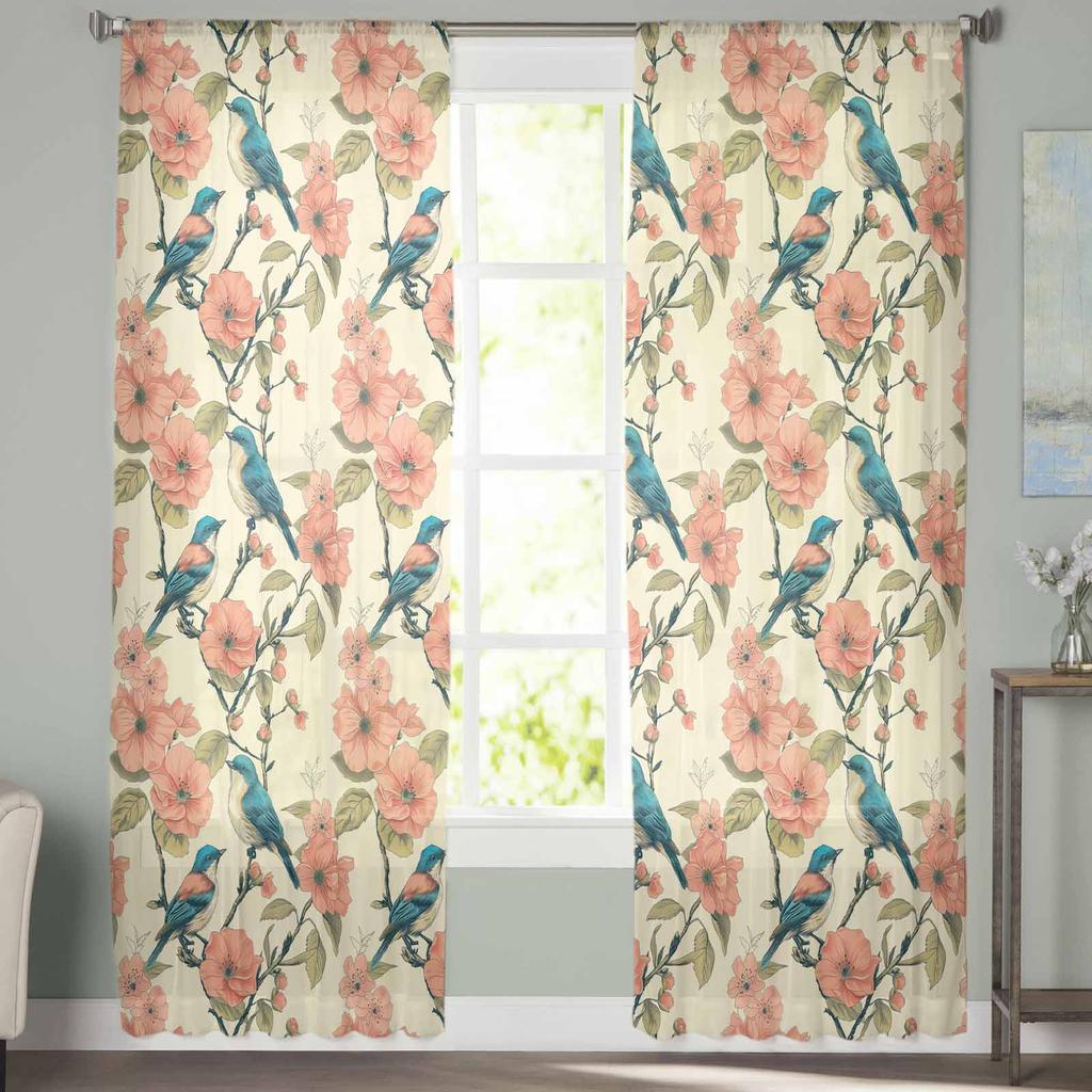 Rostlinné Ptačí Větve Tyl Okenní Závěsy do Ložnice Luxusní Domácí Dekorace Závěsy do Obývacího Pokoje Šifonové Panely