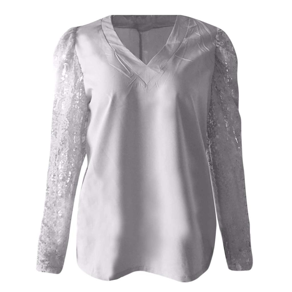 Women's Fashion Sexy Lace Blouse Hollow Long-Sleeve V-Neck Top