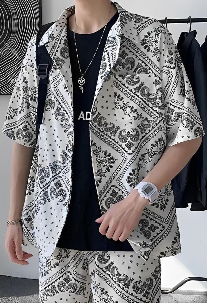 Paisley Pattern Short Sleeve Shorts Top and Bottom Set Street Style Collared Shirt and Shorts Set Short Sleeve Set Setup 2 Piece Set Patterned Shirt