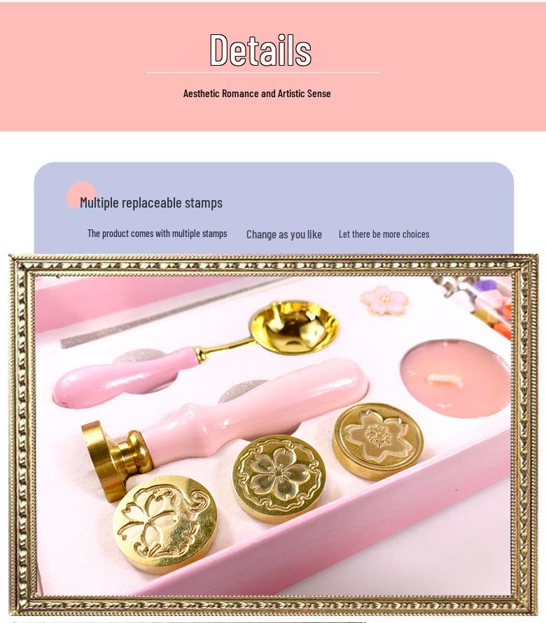 Cherry Blossom Wax Seal Stamp Gift Set: Copper Head, Mixed Color Wax, Spoon & 6-Piece Kit