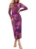 Women's Long-Sleeve Tie-Dye Pleated Cocktail Dress with Stand-Up Collar