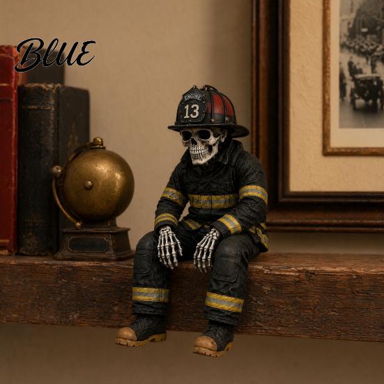 Firefighter Ornament Skeleton Shelf Sitter Statue, Vintage Resin Figurine with Realistic Gear & Distressed Hanging Legs Finish, Dark Industrial